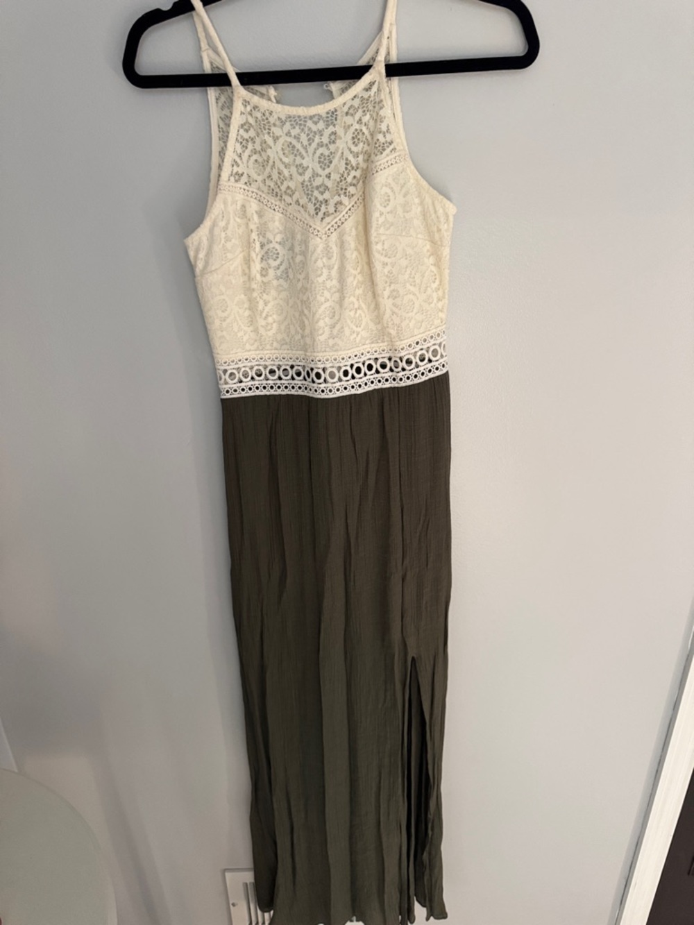 Iz Byer Cream Lace Top Maxi Dress with Olive Skirt